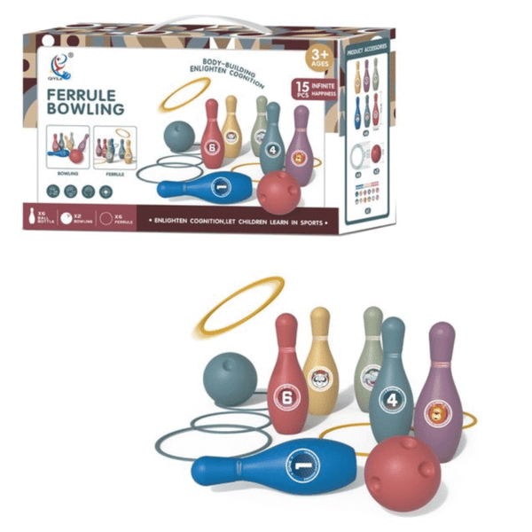 Jeu de Bowling et Lancer d’Anneaux – Ferrule Bowling – 15 pièces – Dès 3 ans