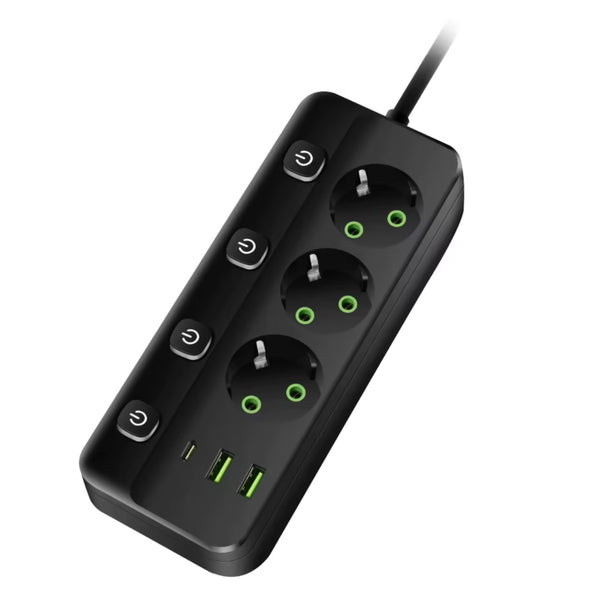Multiprise Intelligente avec Interrupteurs Indépendants – 3 Prises + 2 Ports PD + 2 Ports USB | 2.4A | Charge Rapide