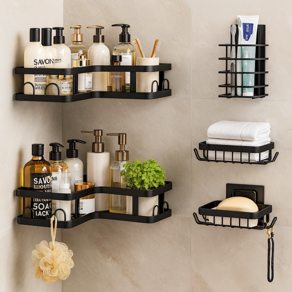Ensemble 5 étagères murales rangement salle de bain cuisine sans perçage pratique accessoires douche